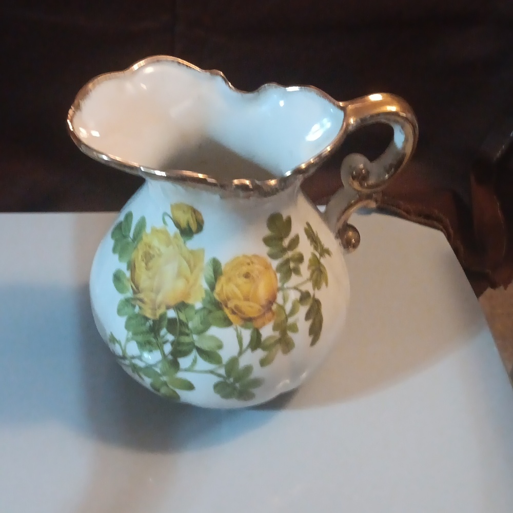 Vintage Floral Ceramic Pitcher with Gold Trim